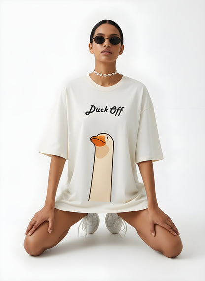 "Duck Off" Premium Unisex Terry Oversized Tee.Humorous Duck Graphic