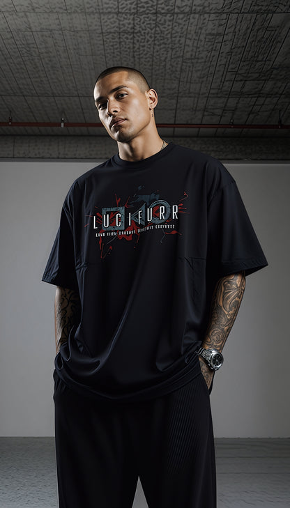 "LUCIFURR" Premium Unisex Terry Oversized Tee. Black Cat Streetwear