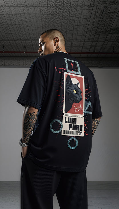 "LUCIFURR" Premium Unisex Terry Oversized Tee. Black Cat Streetwear